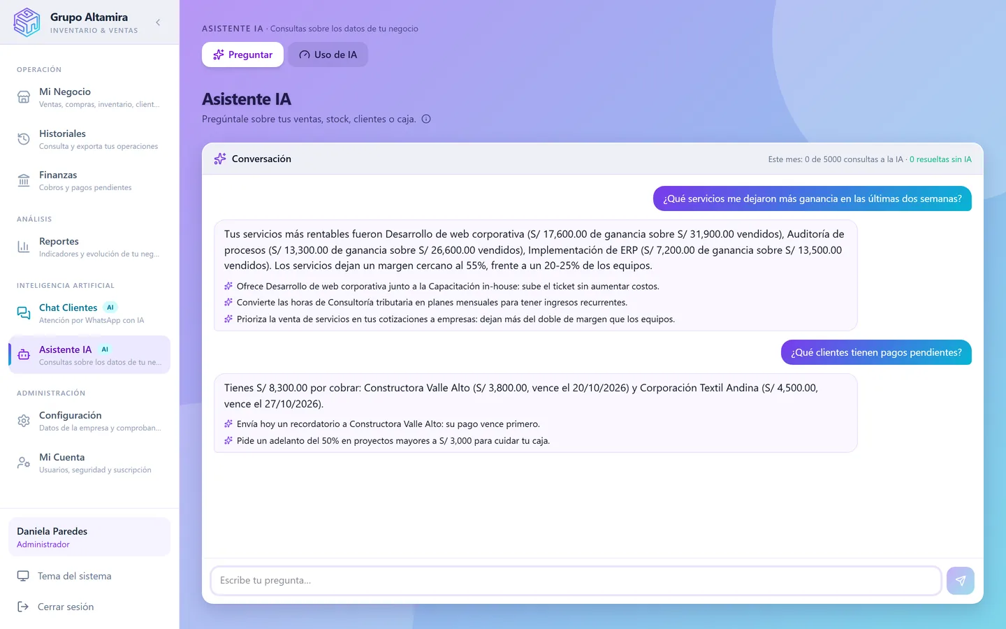 Asistente de IA de Nexia Empresas respondiendo sobre ventas y clientes